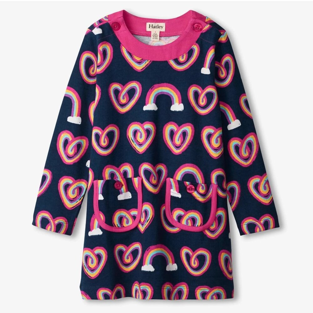 Hatley Girls Twisty Rainbow Hearts Mod Dress Navy Hot Pink Collar Size 7 Years
